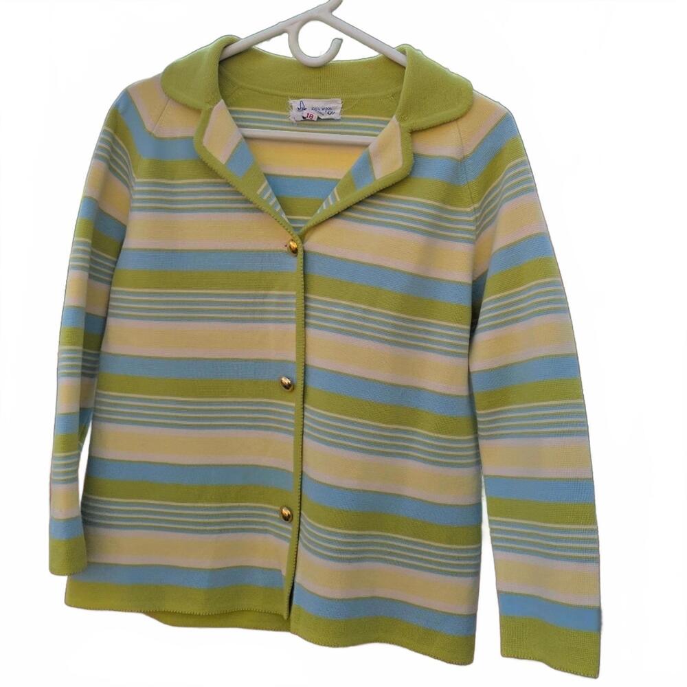 Women's Vintage Striped Wool Cardi With Collar + Buttons. Blue Green Yellow. Med